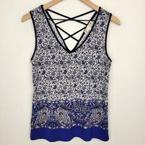 Agenda Blue Paisley Criss Cross Back Tank Top Womens S Boho Festival Chic